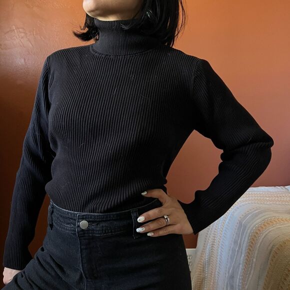 Coldwater Creek medium black Ribbed Turtleneck Sweater pullover minimalist - Picture 7 of 11